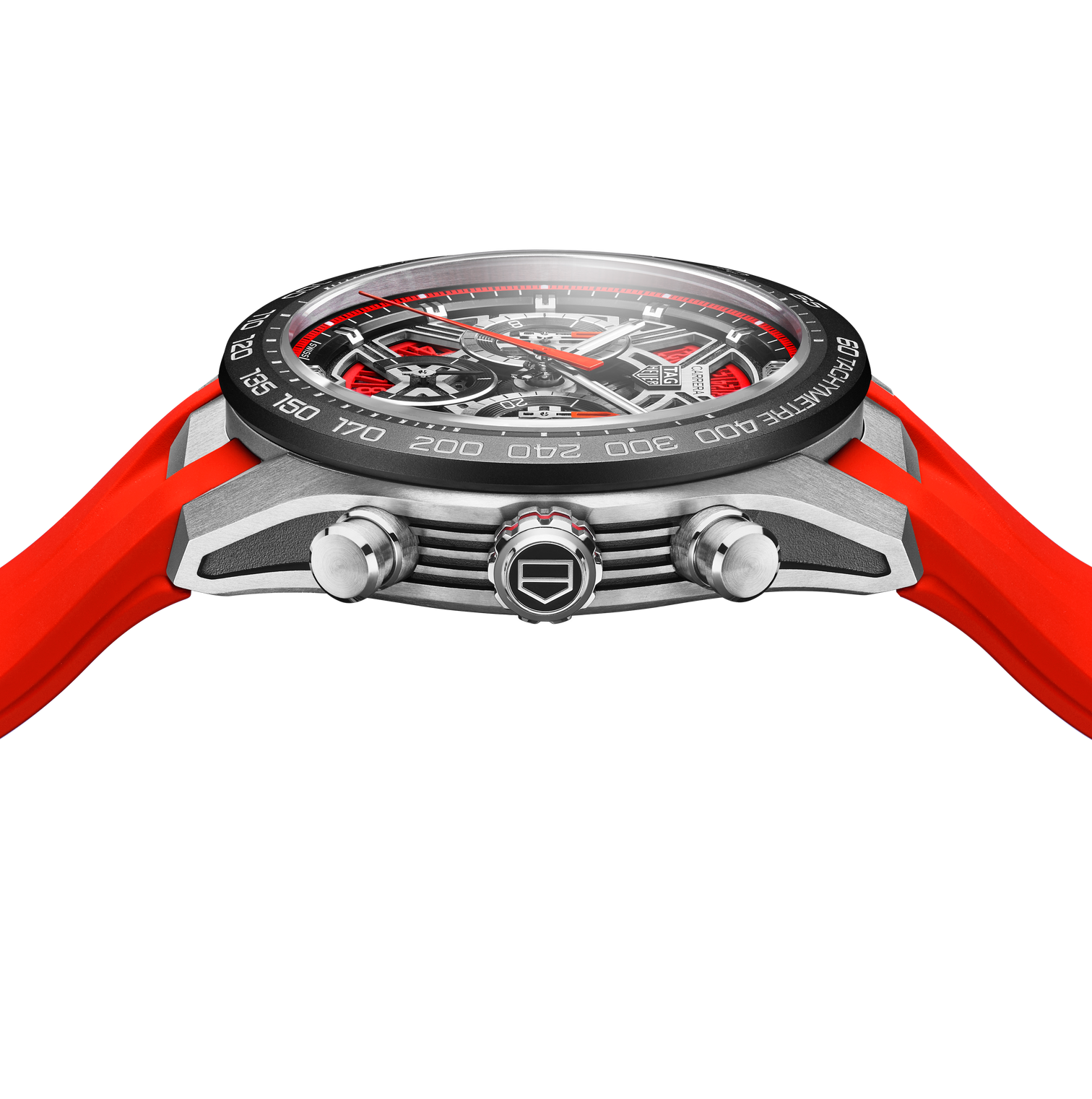 Side of TAG Heuer Carrera Chronograph Extreme Sport Watch with Orange Rubber Strap